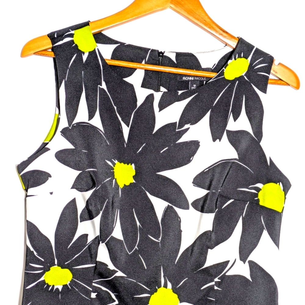 Ronnie Nicole Sunflower Shift Midi Dress Black White Green, Summer,‎ 🌞 Size 12 - Picture 2 of 12